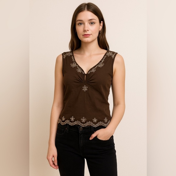 Sportmax Brown Vneck Top Womens Brown Linen Blend Sleeveless Eyelet Boho Mature - Picture 1 of 9